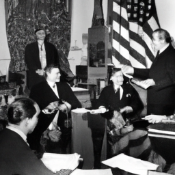 description: an anonymous image featuring a scene from a political movie, showing a group of people engaged in a heated discussion in a well-decorated room. the room is filled with flags, bookshelves, and a large desk where a person in a suit sits, presumably the president. the expressions on the characters' faces reflect intensity and seriousness.