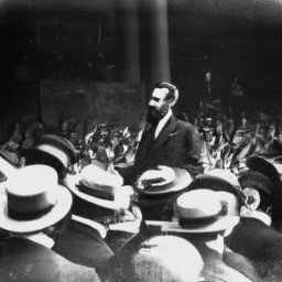 description: a black and white photograph depicting a tall, bearded man in a suit, believed to be abraham lincoln, standing in front of a crowd.