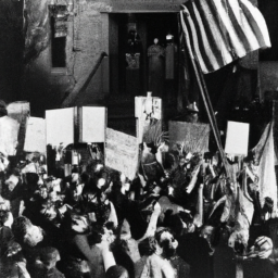 the image shows a crowd of people gathered outside, holding signs and cheering. in the background, a large american flag can be seen waving in the wind.