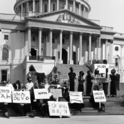 description: a group of people gathered in front of a government building, holding signs with slogans advocating for change and expressing dissatisfaction with congress.