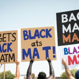 description: a group of people holding up signs with different political messages, including "make america great again" and "black lives matter."