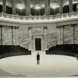 Description: A picture of an empty congressional chamber, with a single figure in the foreground. The figure is standing in the center of the room, looking up at the ceiling in contemplation. The figure's identity is unknown.