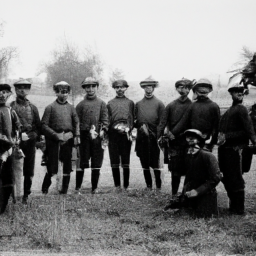 description (anonymous): a historic black and white photograph showing a group of soldiers during the mexican-american war, standing in formation with their rifles in hand. the soldiers wear military uniforms and appear determined and ready for battle.