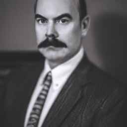 description: a portrait of a mustached man in a suit, looking sternly at the camera.
