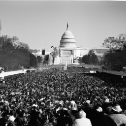 Description: A black and white photograph of a presidential inauguration, with a large crowd gathered in front of the Capitol building. The president and first lady are visible in the foreground, walking towards the Capitol. The image captures a moment of transition, as one president leaves office and another takes his place.