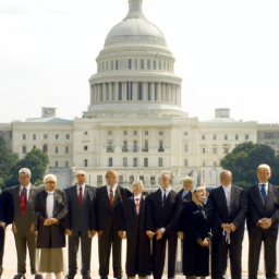 A group of nine individuals in suits, representing different eras and eras of the US presidency, standing before the US Capitol building.