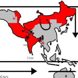 an image of a map of southeast asia, with arrows pointing from one country to another, symbolizing the spread of communism. the map is in black and white, and the arrows are red.