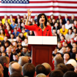 description: a photo of nikki haley speaking at a podium in front of a large crowd at the politics and eggs event at st. anselm college in new hampshire. the crowd is made up of a mix of business leaders, journalists, and political figures. haley is wearing a red dress and is gesturing with her hands as she speaks. the backdrop features the logos of the new england council and the new hampshire institute of politics.
