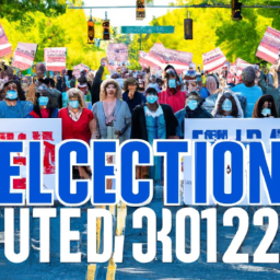 description: a crowd of diverse people gathered outdoors, holding signs and banners with slogans related to the 2024 us elections. the image captures the energy and enthusiasm surrounding the election process, showcasing the engagement of the american public in shaping the future of their country.