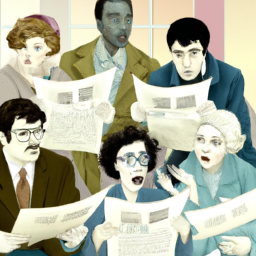 description: an illustration depicting a diverse group of individuals reading newspapers with puzzled expressions on their faces.