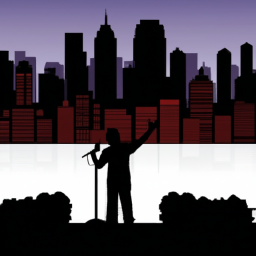 description: a person standing on a stage with a microphone in hand, addressing an audience with a backdrop of a cityscape in the background.