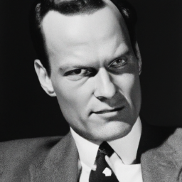 description: a black and white image of a man with a high forehead and a prominent chin, wearing a suit and tie. he has a serious expression on his face and is looking directly at the camera.