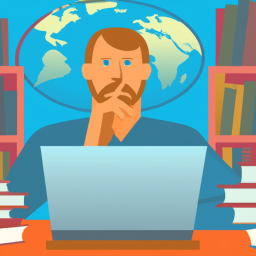 description: A person sitting at a desk with a laptop, surrounded by books and papers. They appear to be deep in thought, with their hand on their chin. The image could represent a researcher or academic working on a project. This image could be matched to the category of 'International', as academic research is a global endeavor that transcends national borders.