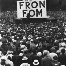 Description: A black and white photograph of a large crowd gathered in front of a podium, with a banner that reads "Vote for Freedom" visible in the background.