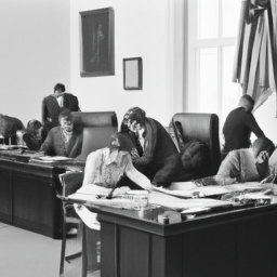 description: a black and white photograph depicting a group of federal employees working diligently in an office setting, highlighting the importance of a nonpartisan bureaucracy.category: congress