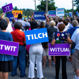 description: an anonymous image shows a diverse group of people gathered at a political rally, holding signs and banners in support of twila carter's political party. the atmosphere is energetic and bustling with excitement.
