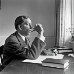 description: a black and white photograph of a man sitting at a desk in a study, alone. he is holding a ballpoint pen and appears deep in thought.