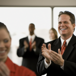 A person standing in a room full of people, wearing a suit and a red tie, clapping and smiling.