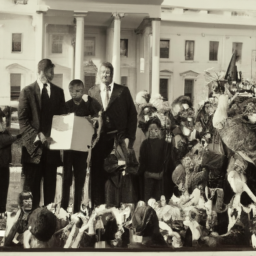 description: an anonymous image shows two turkeys standing on a stage in front of the white house. the turkeys are surrounded by a cheering crowd, including children and members of the press. the president stands beside them, with a smile on his face, holding a turkey-themed pardon document.