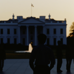 A silhouette of a person standing in front of the White House with their arms crossed, with a group of people walking away in the foreground.