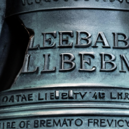 description: a close-up image of the liberty bell showcasing its iconic crack and the inscription on its surface, including the misspelled word.