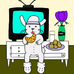 Description: An illustration of a rabbit wearing a hat, sitting in front of a TV with milk and cookies on a tray.