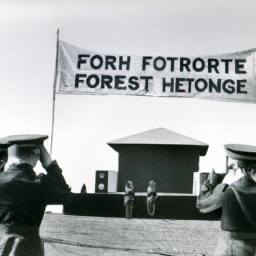 description: an anonymous image of a military ceremony with soldiers saluting in front of a banner that reads "fort eisenhower."
