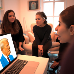A group of people gathered around a computer, looking at an AI-generated voice clone of a US president.