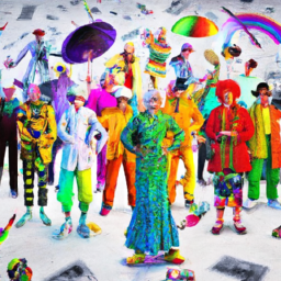 description: an image created with artificial intelligence depicting several individuals dressed in costumes from popular culture, standing together as a group. the image is colorful and eye-catching, with a whimsical feel.