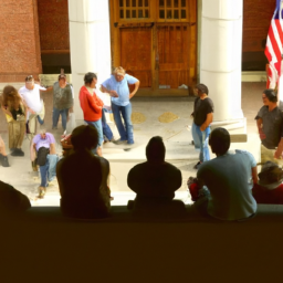 description: an image showing a group of people gathered at the historic memorial building in downtown columbia, discussing political matters in a lively atmosphere.