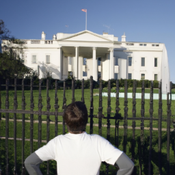 Description: A person standing outside the White House gates, looking up at the building in awe.