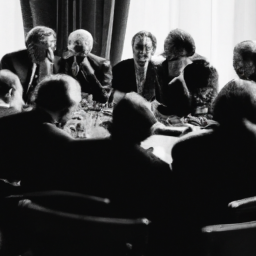 description: an anonymous image showing a group of politicians engaged in a discussion within a formal setting, symbolizing the political influence and power that henry kissinger held throughout his career.