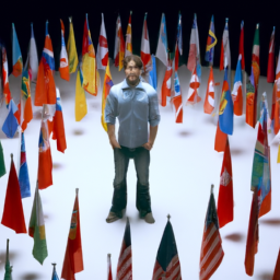 Description: An image of a person standing in the center of a circle of flags representing different countries and ideologies, with the person in the center looking towards the camera with a determined expression.