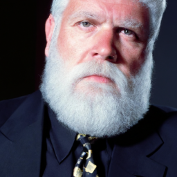 description: A portrait of a man with a white beard and a serious expression, wearing a suit and tie.
