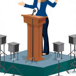 A woman standing in front of a podium speaking to a large crowd in a political setting.