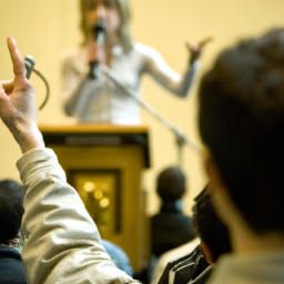 description: a woman with a microphone in front of a crowd, gesturing with her hands.