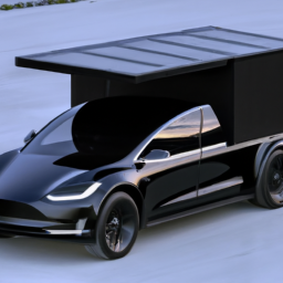 Description: A black Tesla Cybertruck prototype with a tonneau cover is featured in the image.
