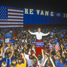 description: an image showing robert f. kennedy jr. addressing a crowd of supporters during a campaign rally, with banners and signs displaying his campaign logo. the crowd is cheering enthusiastically, showing their support for kennedy's independent presidential bid.
