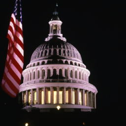 description: a photo of the u.s. capitol building at night with the american flag waving in the foreground.