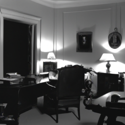 description: an image of the oval office, with the presidential seal visible on the wall behind the desk. the room is dimly lit, with the only light coming from a lamp on the desk and a small light on the ceiling.