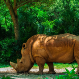 description: the image showcases a magnificent rhinoceros in its natural habitat, surrounded by lush greenery and a tranquil setting.