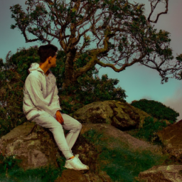 description: the image depicts a person sitting in a peaceful environment, surrounded by nature. the individual appears deep in thought, highlighting the importance of mental health and contemplation.