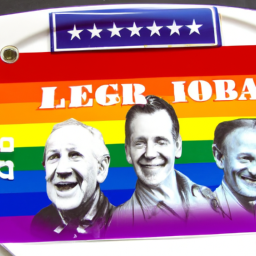 A license plate with a rainbow, an American flag, and three famous figures in American history.