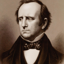 description: the image depicts a portrait of a man from the 19th century. he has a stern expression, with a prominent jawline and receding hairline. his clothing suggests a formal attire with a high-collared shirt and a dark coat. the image exudes authority and seriousness.