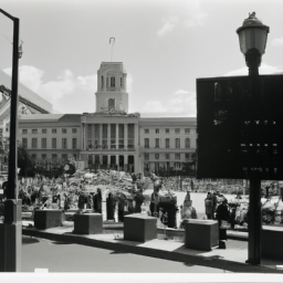 description (without actual names): a photograph depicting a bustling public square in front of a government building, with security cameras perched atop lampposts. people are seen gathering and holding signs, expressing their opinions through peaceful protest.