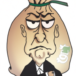 Description: A caricature of a president with a frown on their face, holding a bag with a dollar sign on it.