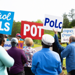 description: an anonymous image shows a diverse group of people gathered at a political rally, holding signs and cheering. they are engaged in a passionate discussion about local politics.