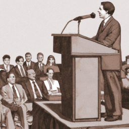 description: an anonymous image shows a man in a suit standing in front of a podium, delivering a speech. the audience includes diplomats, politicians, and journalists. the setting appears to be a formal event, signifying the importance of the speaker and the topic being discussed.