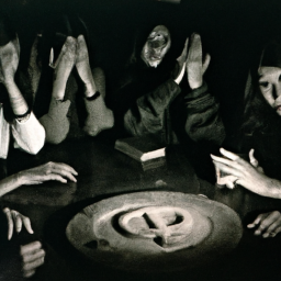 description: an anonymous image shows a group of individuals gathered around a dimly lit table, their hands placed on a ouija board. the atmosphere is tense, and their expressions are a mix of curiosity and apprehension.