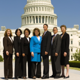 A group of people in suits standing in front of the Capitol Building. Category: Congress